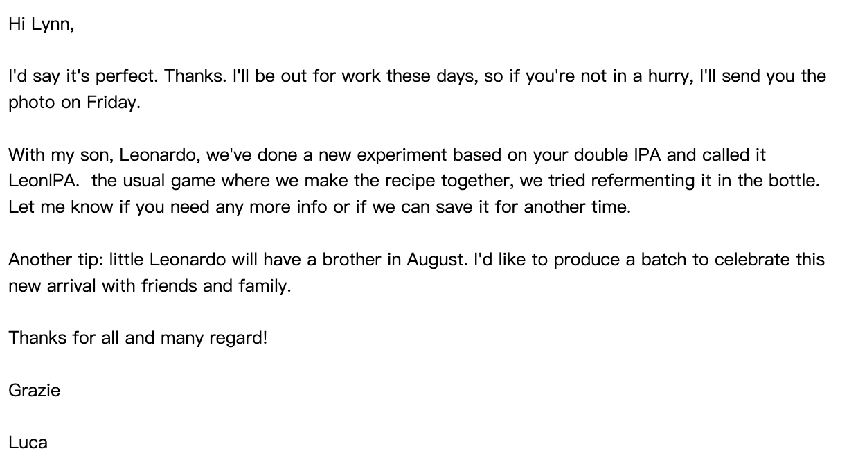 Luca continuing to share brewing experiments and family updates