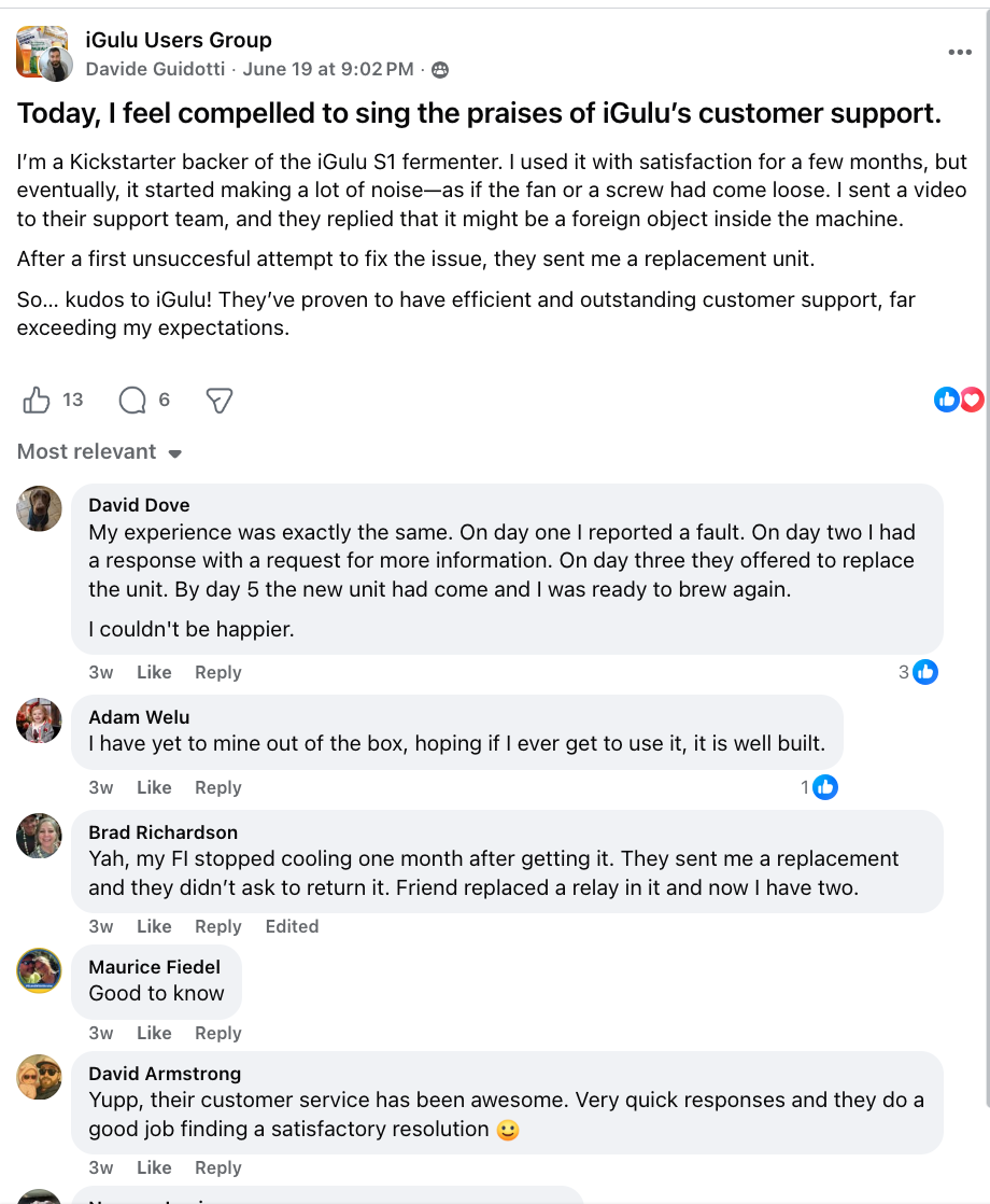 Customer support praise and peer comments